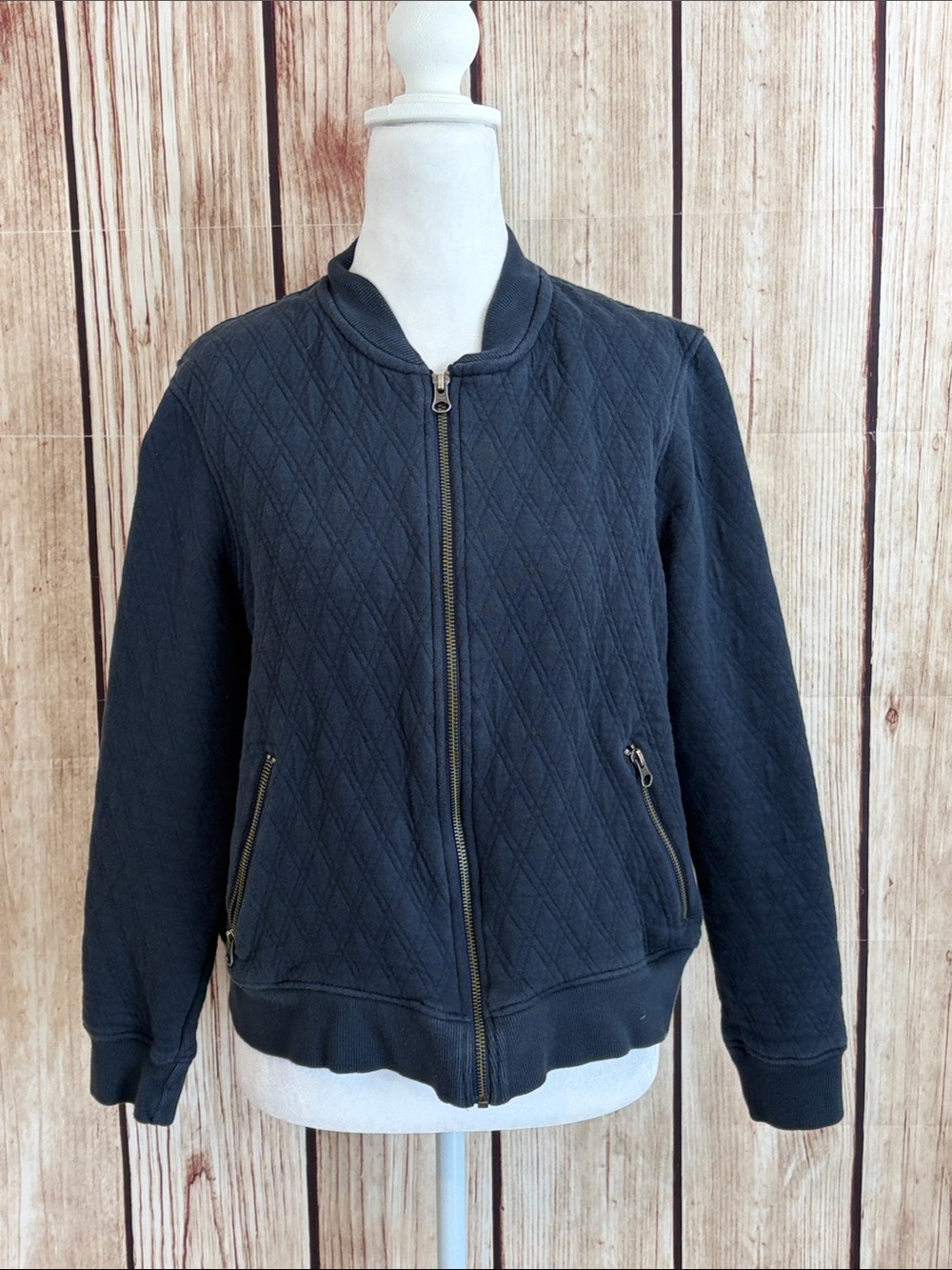 Pact Quilted Organic Navy Blue Zip Front & Pockets Bomber Jacket Size Large